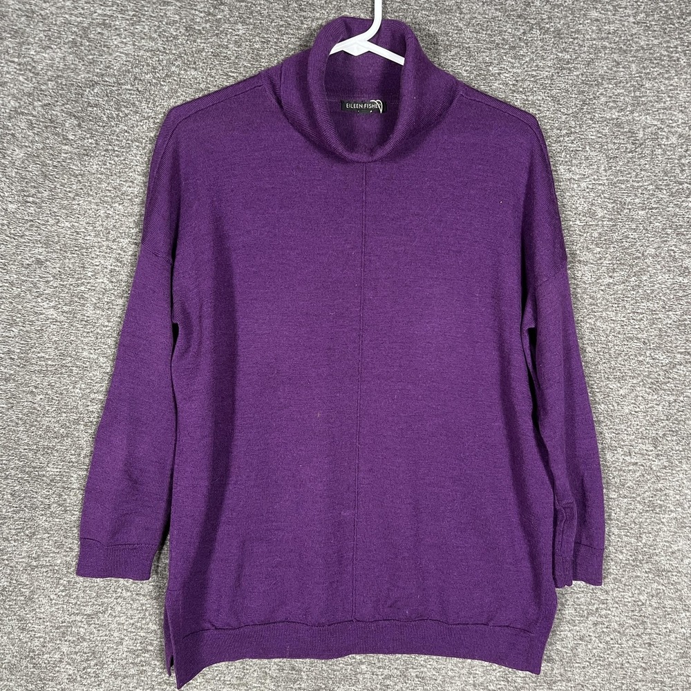 Eileen Fisher Sweater Womens XXS Purple Merino Wool Mock Neck Tunic Long Sleeve